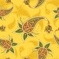 Seamless pattern with paisley yellow olive orange brown on orange Royalty Free Stock Photo